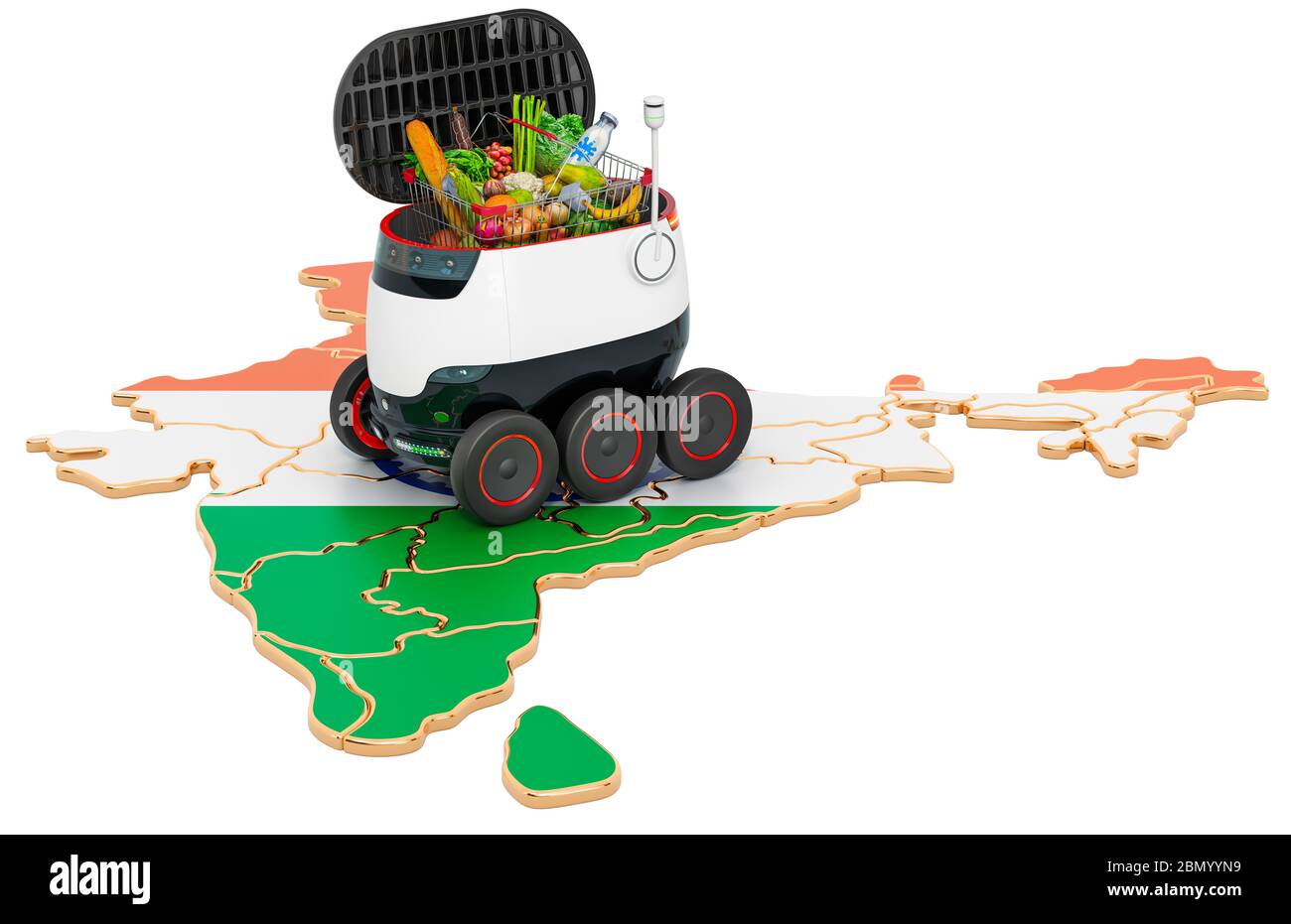 Autonomer Lieferroboter in Indien, 3D-Rendering isoliert auf weißem Hintergrund Stockfoto