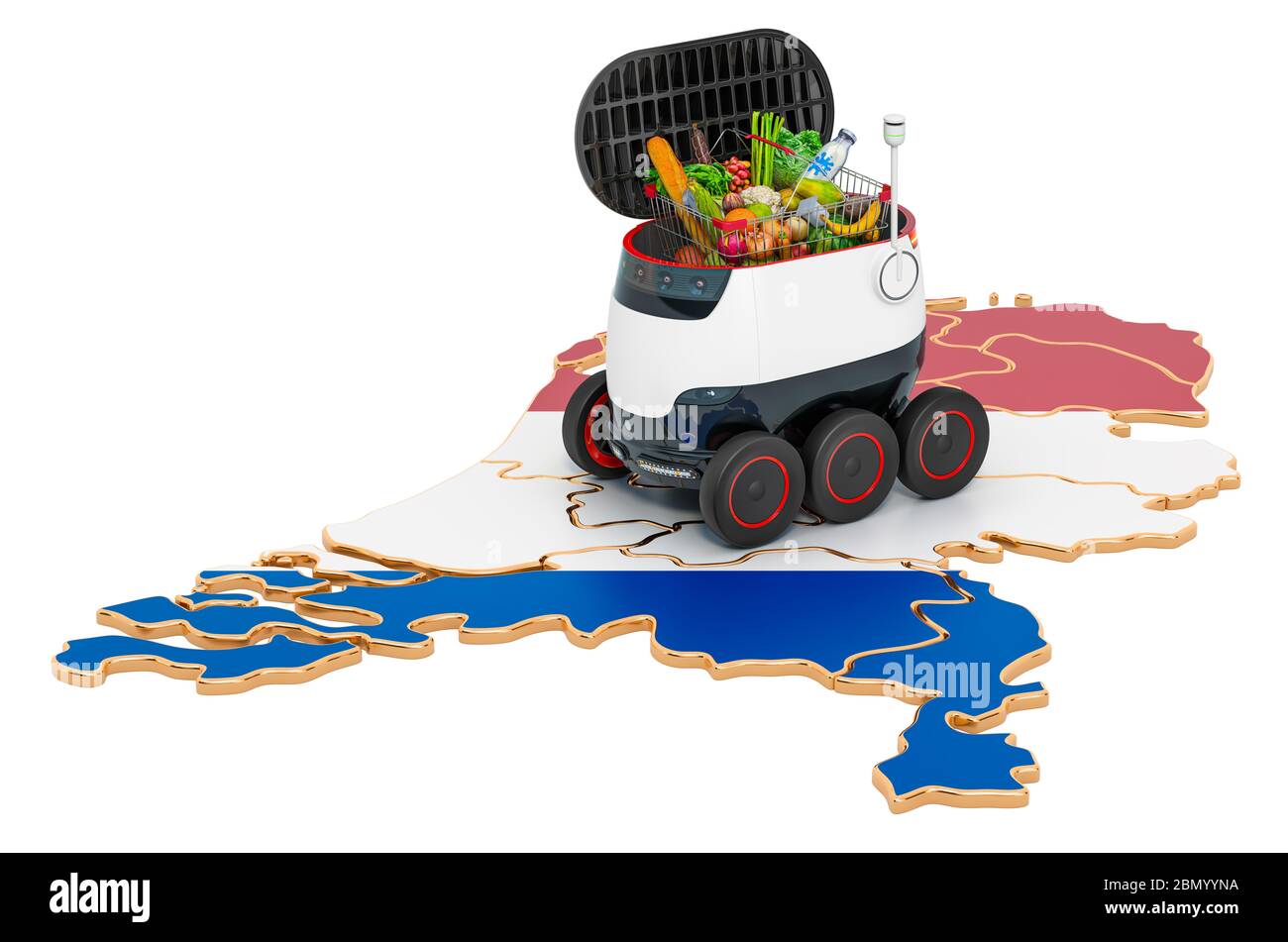 Autonomer Lieferroboter in den Niederlanden, 3D-Rendering isoliert auf weißem Hintergrund Stockfoto