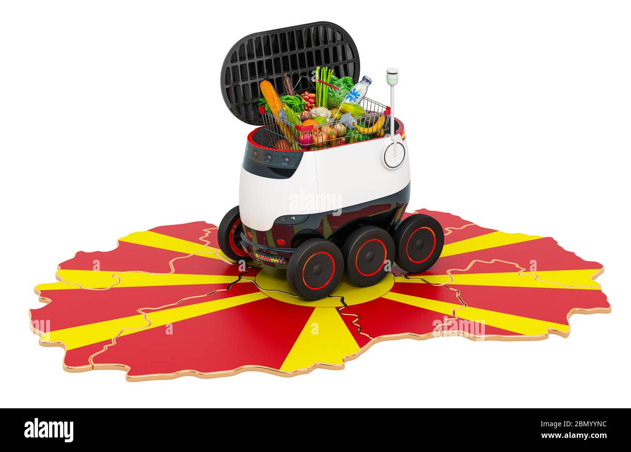 Autonomer Lieferroboter in Mazedonien, 3D-Rendering isoliert auf weißem Hintergrund Stockfoto