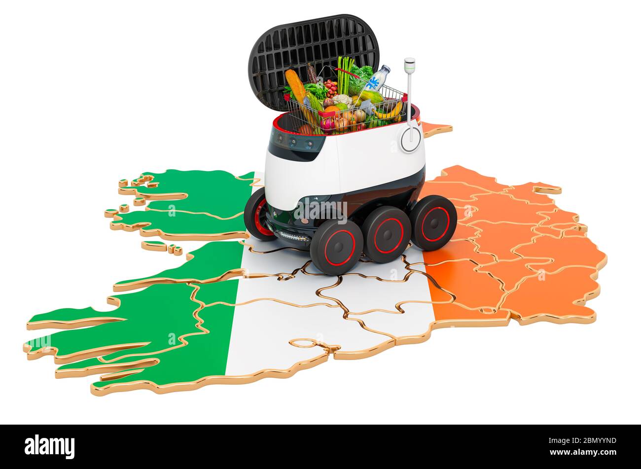 Autonomer Lieferroboter in Irland, 3D-Rendering isoliert auf weißem Hintergrund Stockfoto