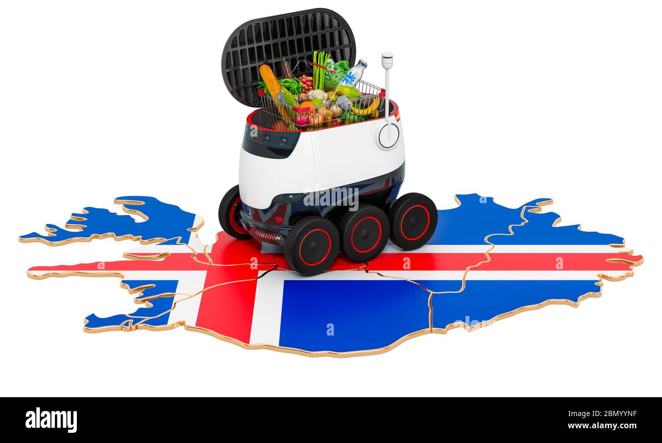 Autonomer Lieferroboter in Island, 3D-Rendering auf weißem Hintergrund isoliert Stockfoto