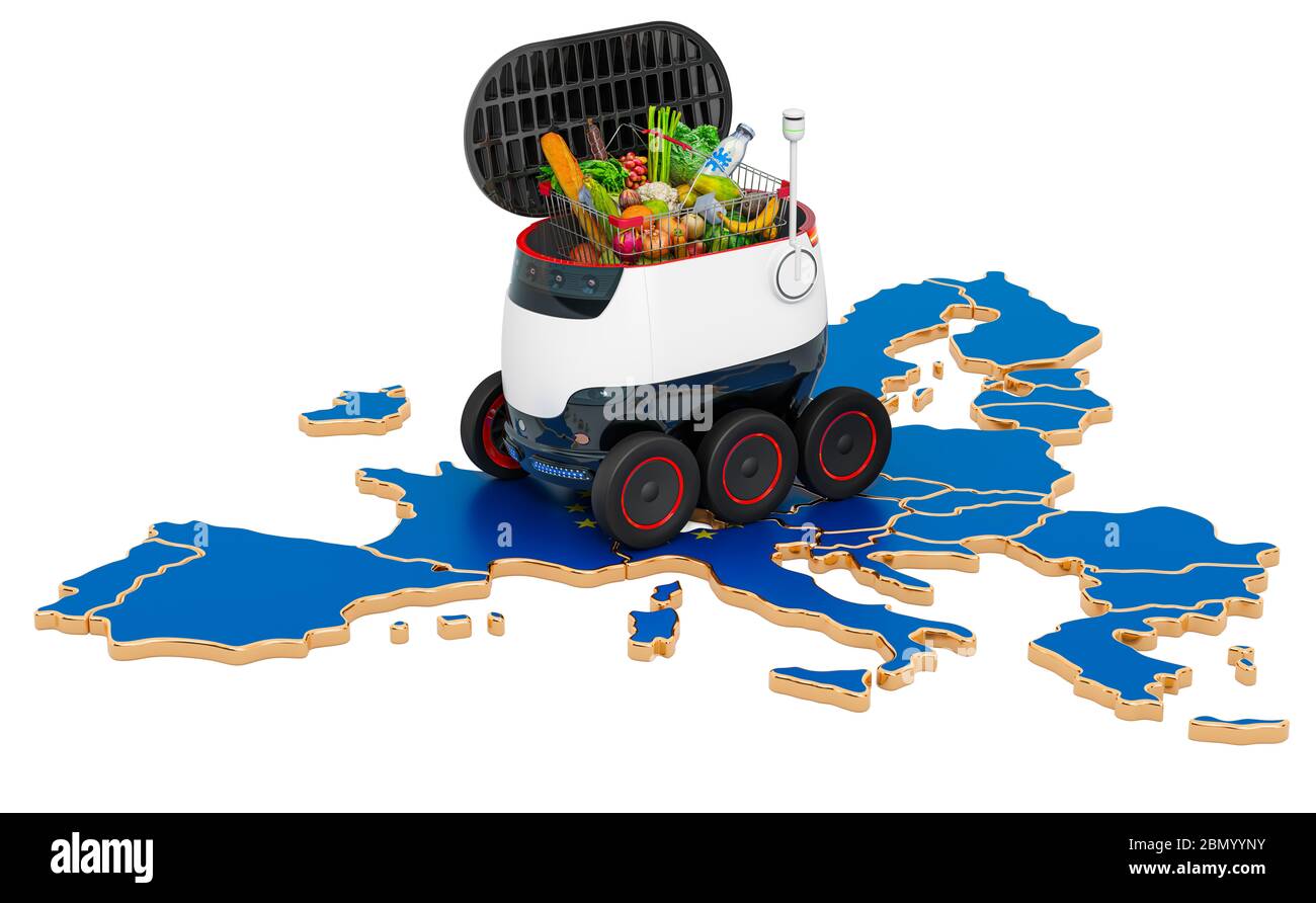 Autonomer Lieferroboter in der Europäischen Union, 3D-Rendering isoliert auf weißem Hintergrund Stockfoto