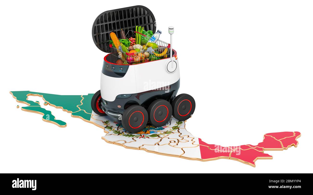 Autonomer Lieferroboter in Mexiko, 3D-Rendering isoliert auf weißem Hintergrund Stockfoto