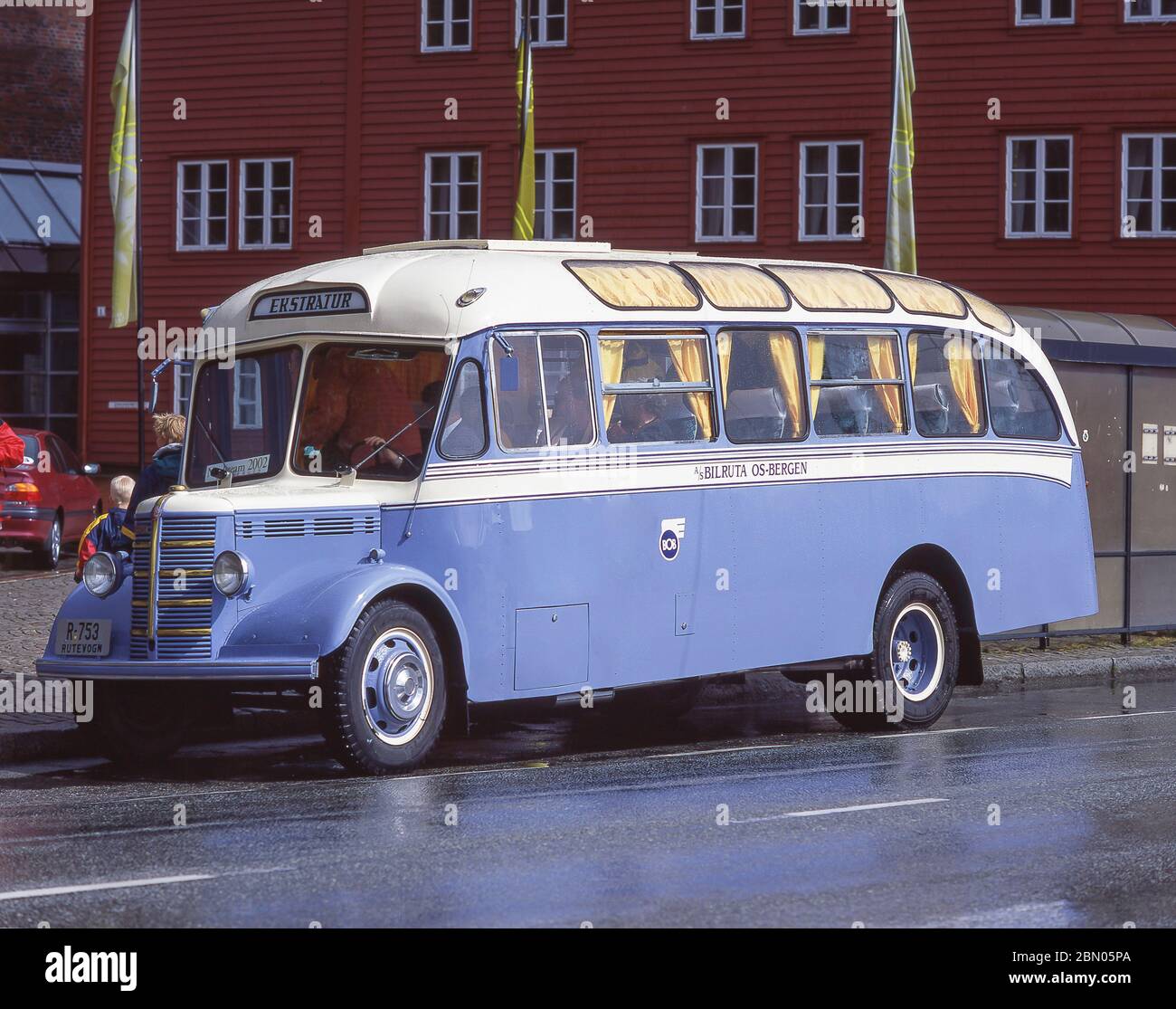 Vintage Tour Bus, Byggen, Bergen, Hordaland, Norwegen Stockfoto