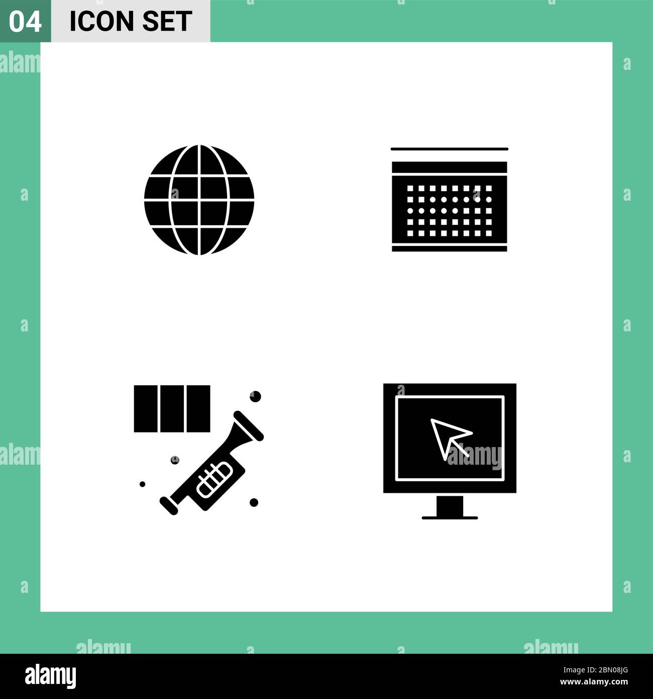 Modernes Set von 4 Solid Glyphen Pictograph der Welt, Horn, ineternet, Datum, Musik editierbar Vektor Design-Elemente Stock Vektor