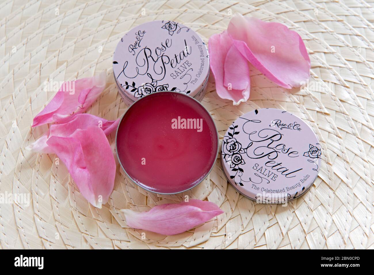 Rosenblütenlippentalbe oder Balsam in runden rosafarbenen Zinndosen mit Rosenblättern als Dekoration auf Palmblatt-Hintergrund. Keine Abfallkosmetik. Stockfoto