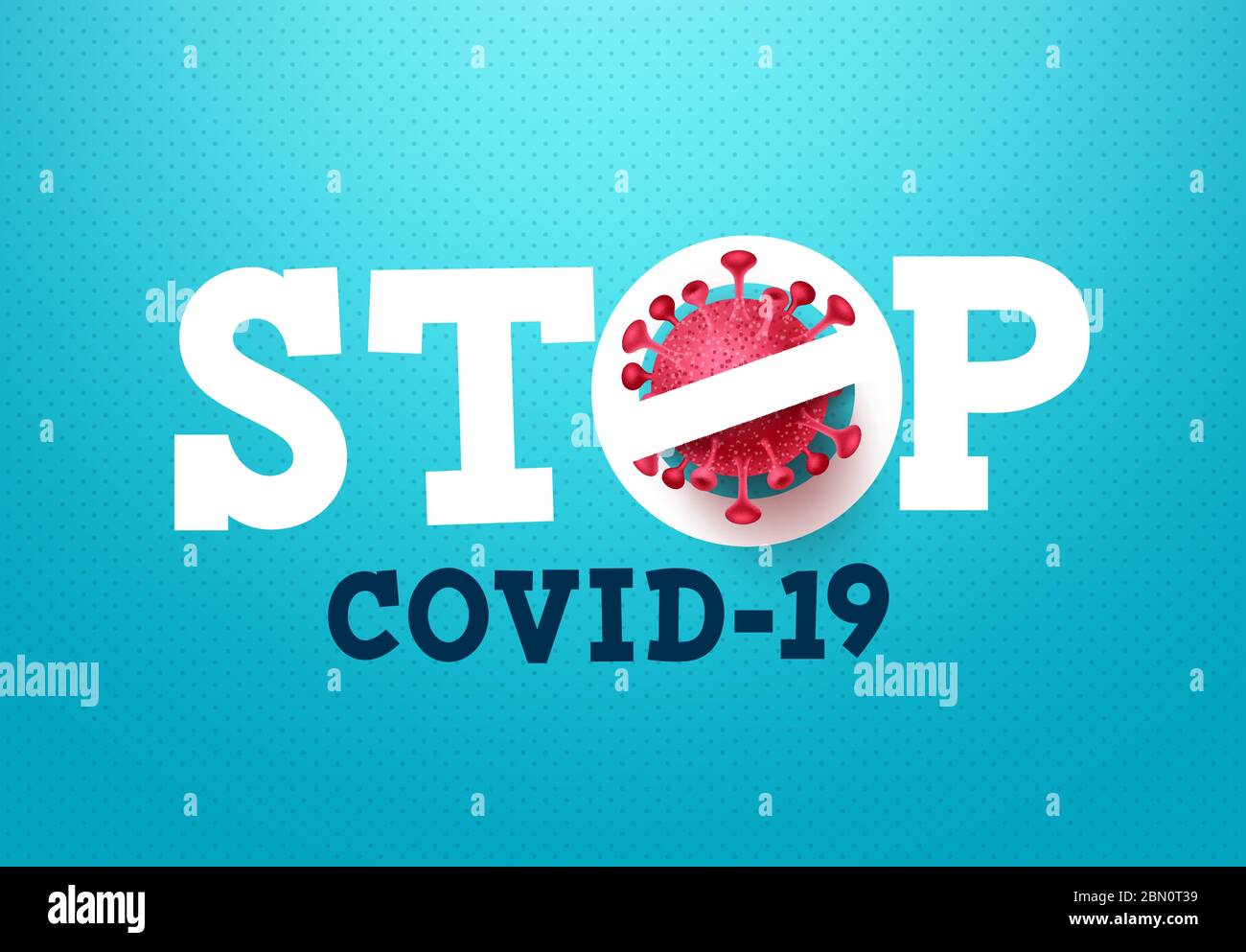 Stop covid-19 coronavirus Vektor Zeichen. Stoppen Sie covid-19 Text mit Corona-Virus-Symbol in blauem Muster Hintergrund für globale covid19 Ausbruch. Stock Vektor