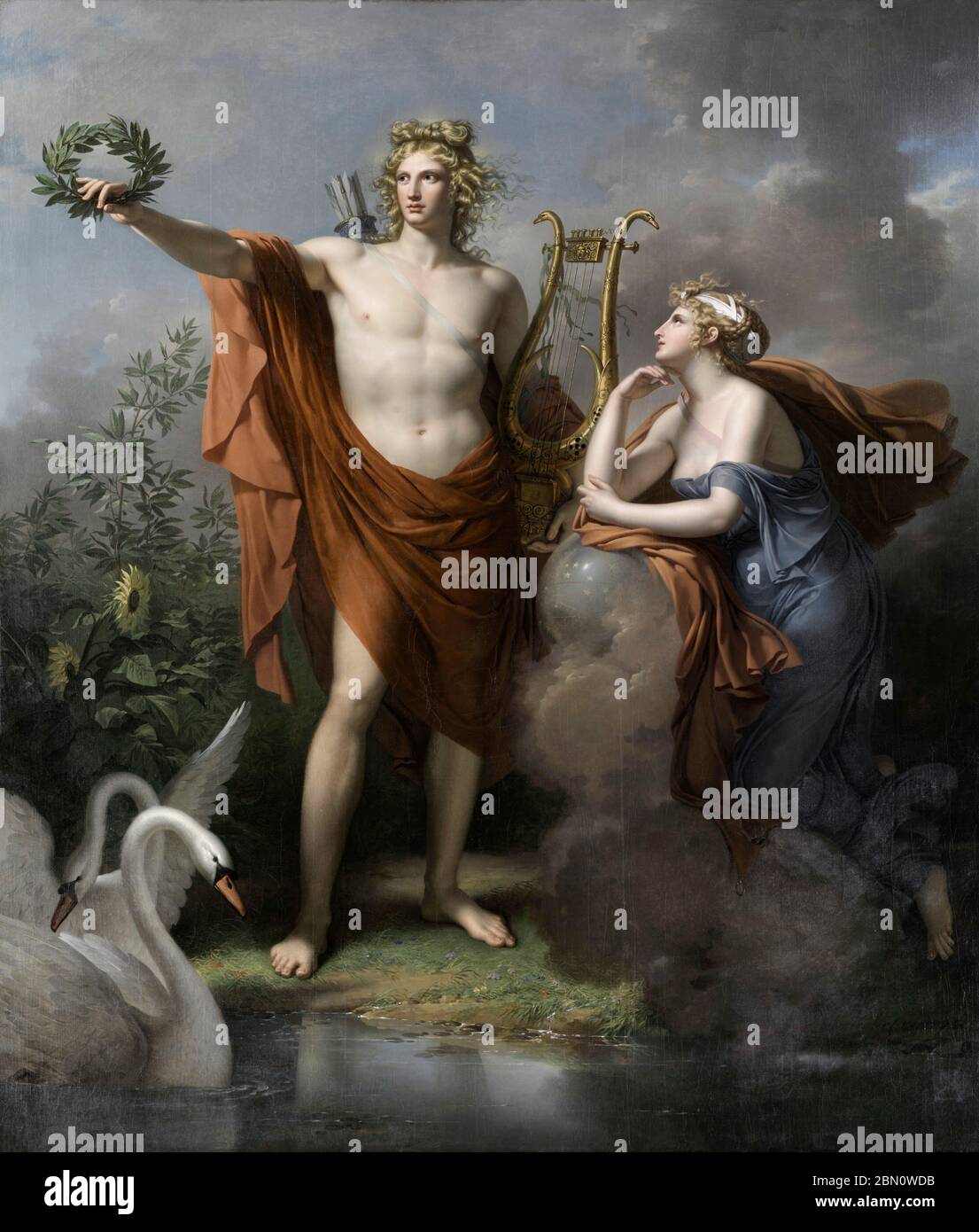 Apollo, Gott des Lichts, Eloquenz, Poesie und die schönen Künste mit Urania, Muse of Astronomy von Charles Meynier, 1798 Stockfoto