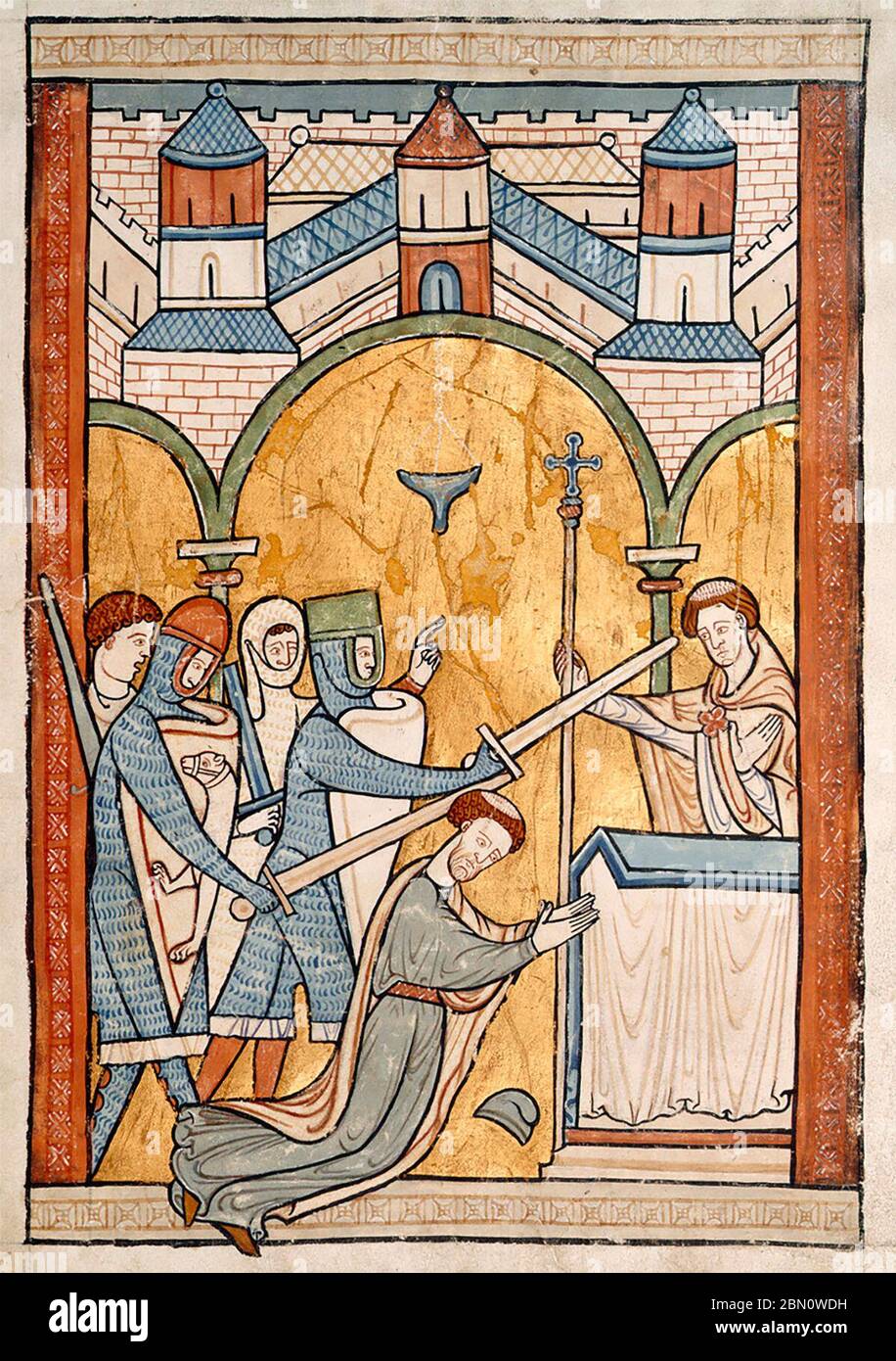 Eine handschriftliche Buchmalerei aus dem 13. Jahrhundert, die früheste bekannte Darstellung von Thomas Becket' Ermordung in der Kathedrale von Canterbury, um 1200 Stockfoto