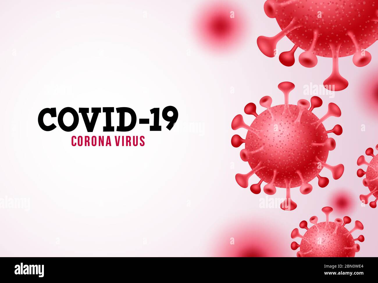 Covid-19 Coronavirus Vektor Hintergrund. Covid-19 Corona-Virus Text im weißen Raum mit rotem neuartigem Corona-Virus. Vektorgrafik. Stock Vektor
