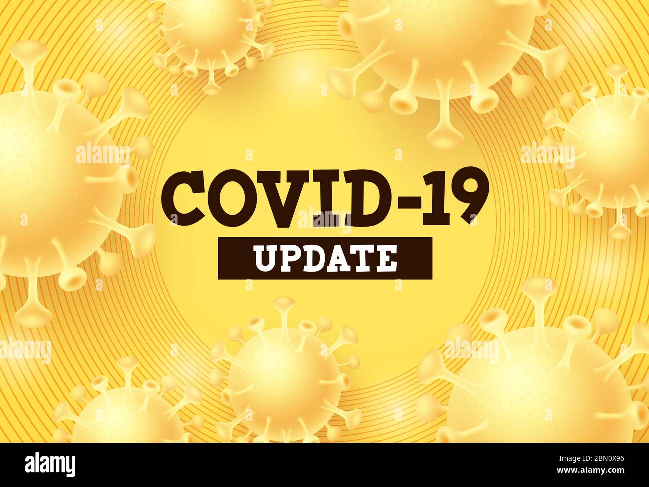 Covid-19 Update Vektor Hintergrund. Covid-19-Aktualisierungstext mit Corona-Virus im gelben Hintergrund für globale Pandemie-Aktualisierung. Vektorgrafik. Stock Vektor