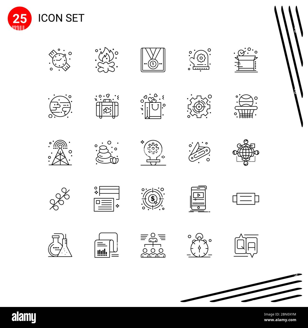 Set von 25 Commercial Lines Pack für Lieferung, Sauna, Auszeichnung, Blume, Trophäe editierbare Vektor Design-Elemente Stock Vektor