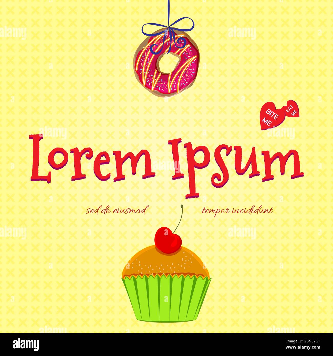 Kreative Hand gezeichnet Vektor Bäckerei Banner, Flyer mit Donut mit rotem Sahnehäubchen, Kirschmuffin, Cupcake in grünen Fall und herzförmigen Süßigkeiten. Kopieren Stock Vektor