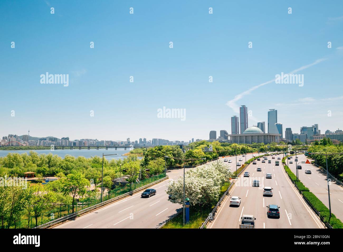 Yeouido modernes Stadtbild und Han-Flusspark in Seoul, Korea Stockfoto