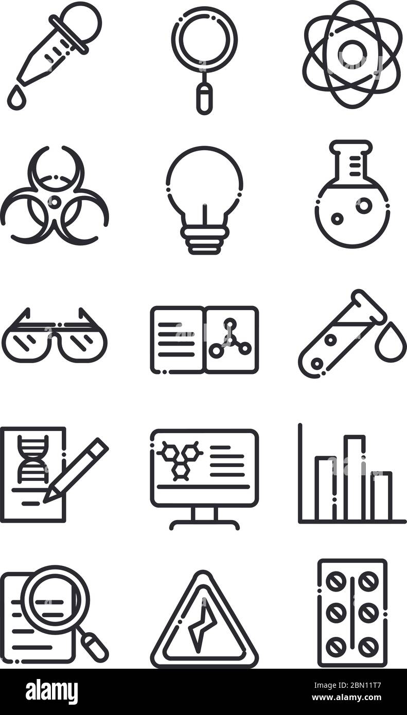 Wissenschaft und Forschung Labor Studie Icons Sammlung Vektor Illustration Linie Stil Symbol Stock Vektor