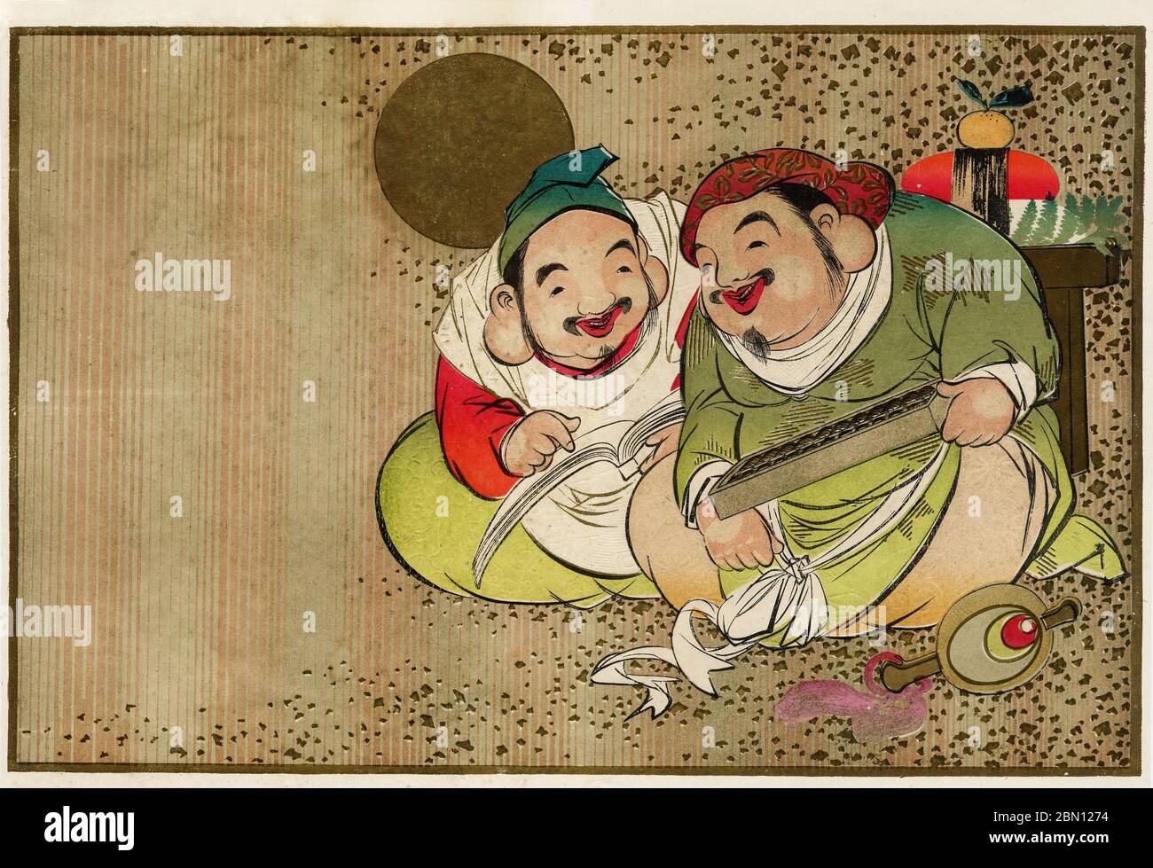 [ 1930er Jahre Japan - Japanische Glücksgötter ] - Hikifuda (引札), ein Print, der von lokalen Geschäften als Werbeflyer verwendet wird. Sie waren von den 1800er bis in die 1920er Jahre populär. Die Grafik zeigt Daikokuten (大黒天, rechts) und Ebisu (恵比寿), zwei der Sieben Glücksgötter (七福神 Shichi Fukujin), die angeblich den Menschen Glück beschert haben. Sie waren ein wesentlicher Bestandteil der traditionellen japanischen Neujahrsfeiern. 20. Jahrhundert Vintage Werbung Flyer. Stockfoto