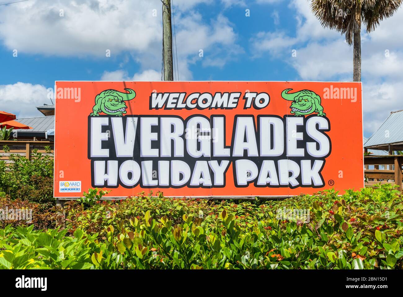 Everglades, Vereinigte Staaten von Amerika - 27. April 2019: Willkommensschild zum Everglades Holiday Park im Everglades National Park. Die Everglades sind ein n Stockfoto