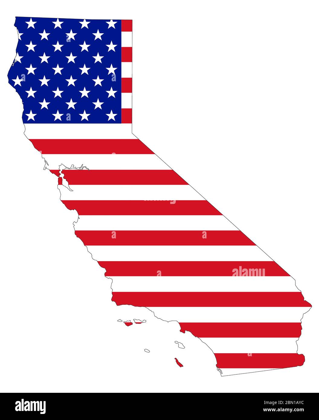 Karte von Kalifornien mit den Farben der offiziellen USA Flagge Stockfoto