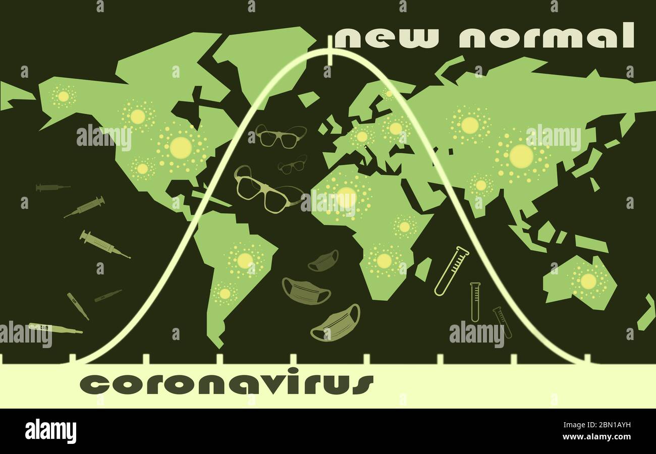 Digital generierte Darstellung der neuen Weltordnung nach der Coronavirus-Pandemie. Weltkarte mit Viren durchsetzt, mit Gaußscher Kurve umschlossen. Stockfoto