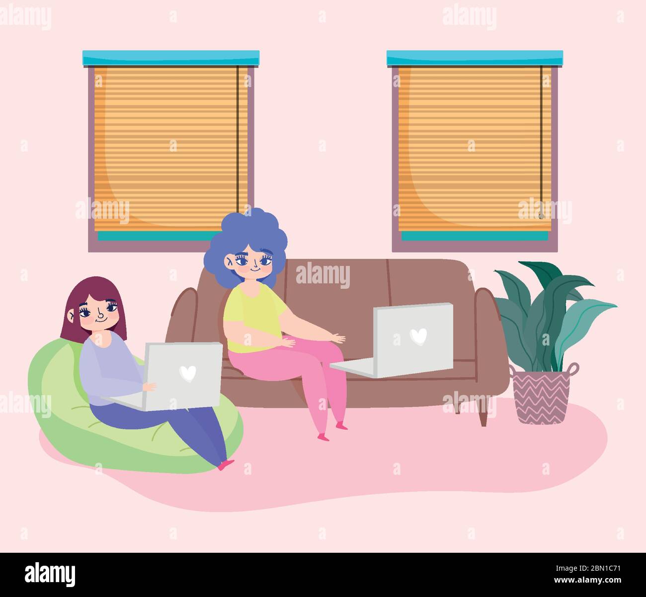 Arbeiten entfernt, junge Frauen auf Sofa Sitzbank mit Laptop im Zimmer Vektor-Illustration Stock Vektor