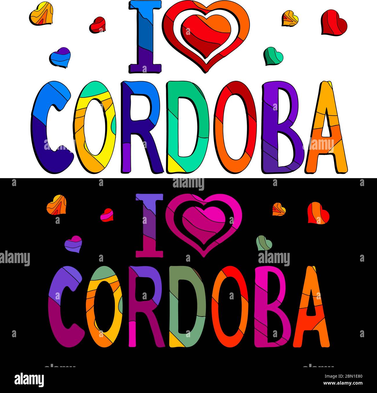 Ich liebe Cordoba - süße bunte Inschrift. 2in1-Gerät einstellen. Cordoba ist eine Stadt in Andalusien, Südspanien, und die Hauptstadt der Provinz Cordoba. Stock Vektor