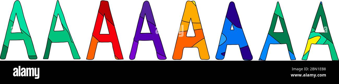 Buchstaben A. Multicolor bunt kontrastierenden Kartoonbuchstaben. Lustige Symbole. 8 in 1 einstellen. Stock Vektor