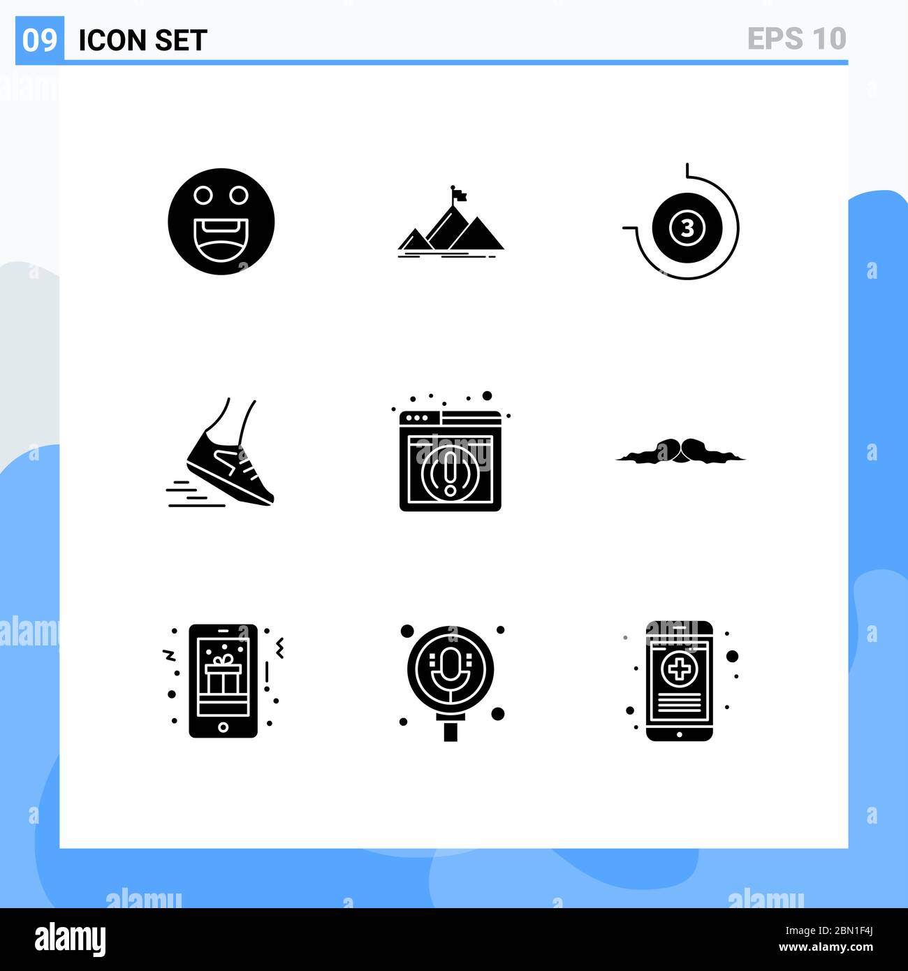 9 Benutzeroberfläche Solid Glyph Pack von modernen Zeichen und Symbole des Browsers, Informationen, Stoppuhr, Laufen, Ausführen editierbare Vektor-Design-Elemente Stock Vektor