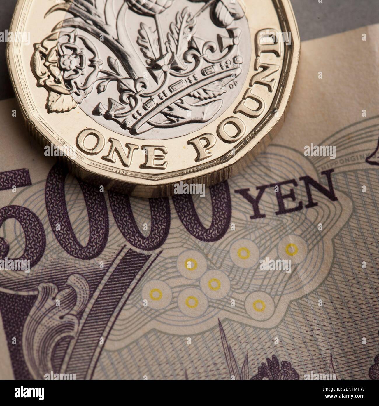 Britische Pfund-Münze und japanischer Yen-Handelskreis Stockfoto
