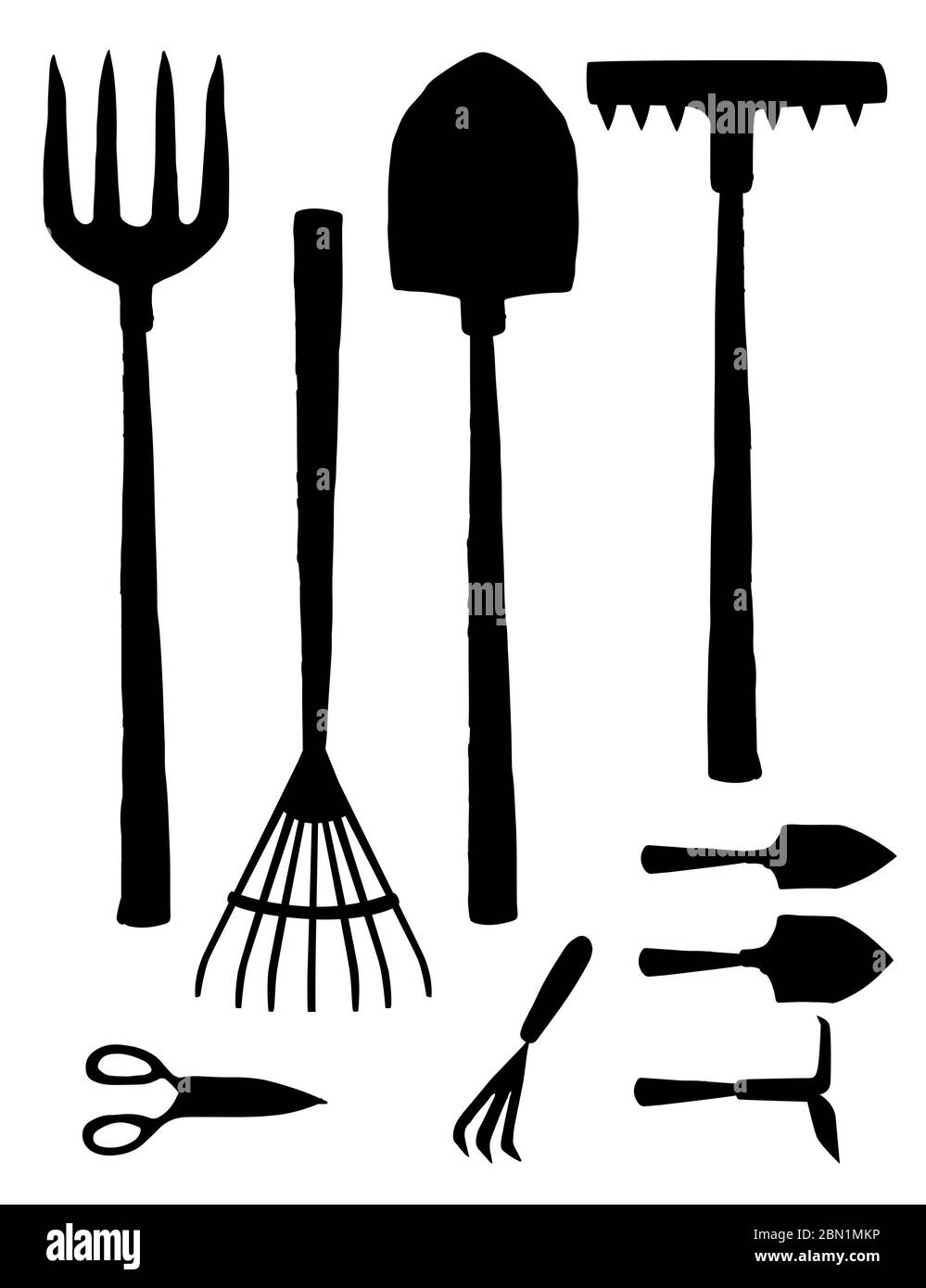 Schwarze Silhouette Gartenbau Bodenarbeiten Werkzeuge Sammlung flache Vektor Illustration isoliert auf weißem Hintergrund Stock Vektor