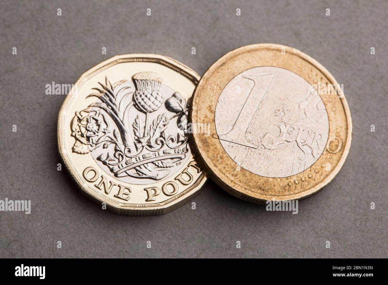 Britische ein-Pfund-Münze und eine Euro-Münze. Wechselkurskonzept Stockfoto