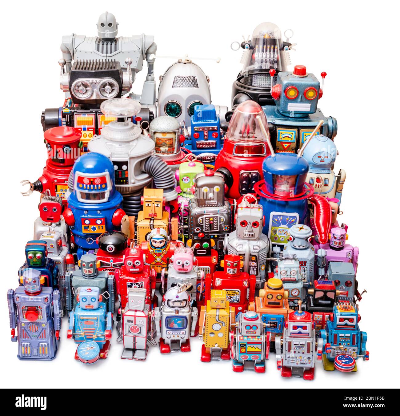 Nahaufnahme von bunten gemischten Vintage-Zinn Roboter-Spielzeug-Kollektion. Stockfoto