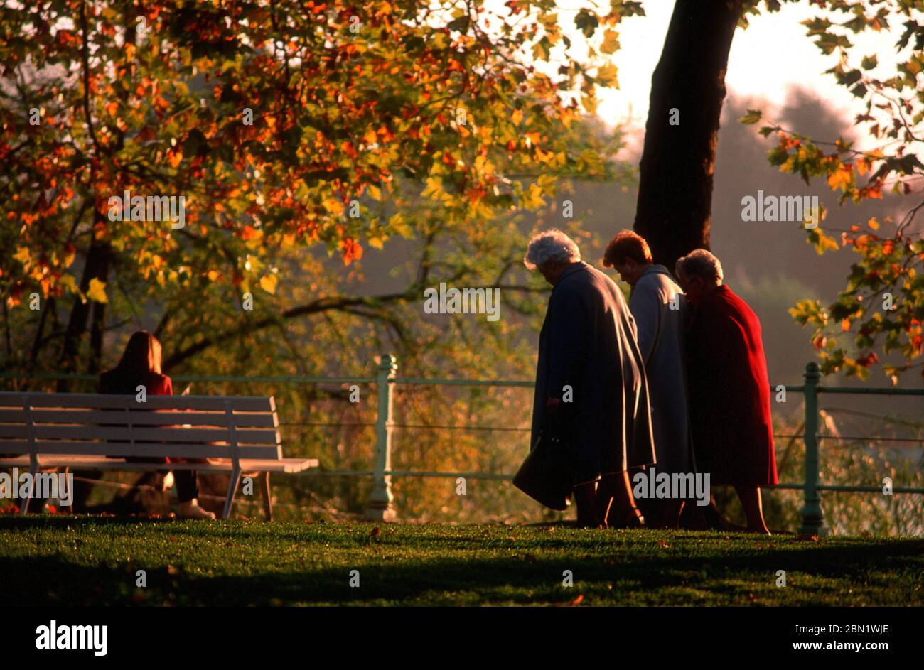 Ältere Menschen, die in einem Park spazieren gehen , Vichy, Allier, Auvergne Rhone Alpes, Frankreich Stockfoto