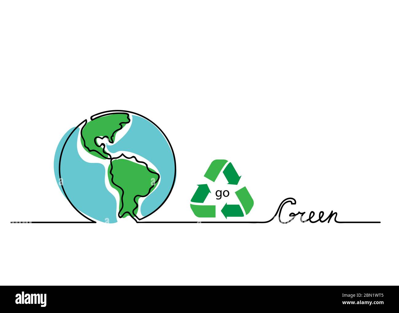 Go green vector concept. Lettering with earth and recycle sign. One, continuous line drawing go green background, banner, illustration Stock Vektor