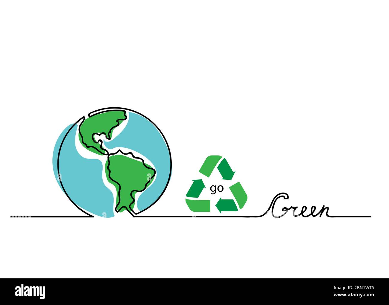 Go Green Vektor Konzept. Schriftzug mit Erde und Recycling-Schild. Eine, kontinuierliche Linie Zeichnung gehen grünen Hintergrund, Banner, Illustration Stock Vektor