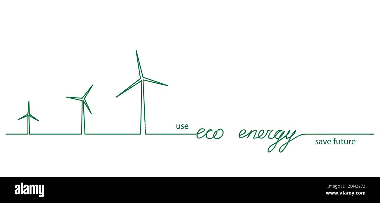 Windmühle Vektor Öko Energie eine Linie Zeichnung Hintergrund. Sparen Sie Zukunft, nutzen Sie umweltfreundliches Energiekonzept. Kontinuierliche Zeichnung der Turbinenmühle Stock Vektor