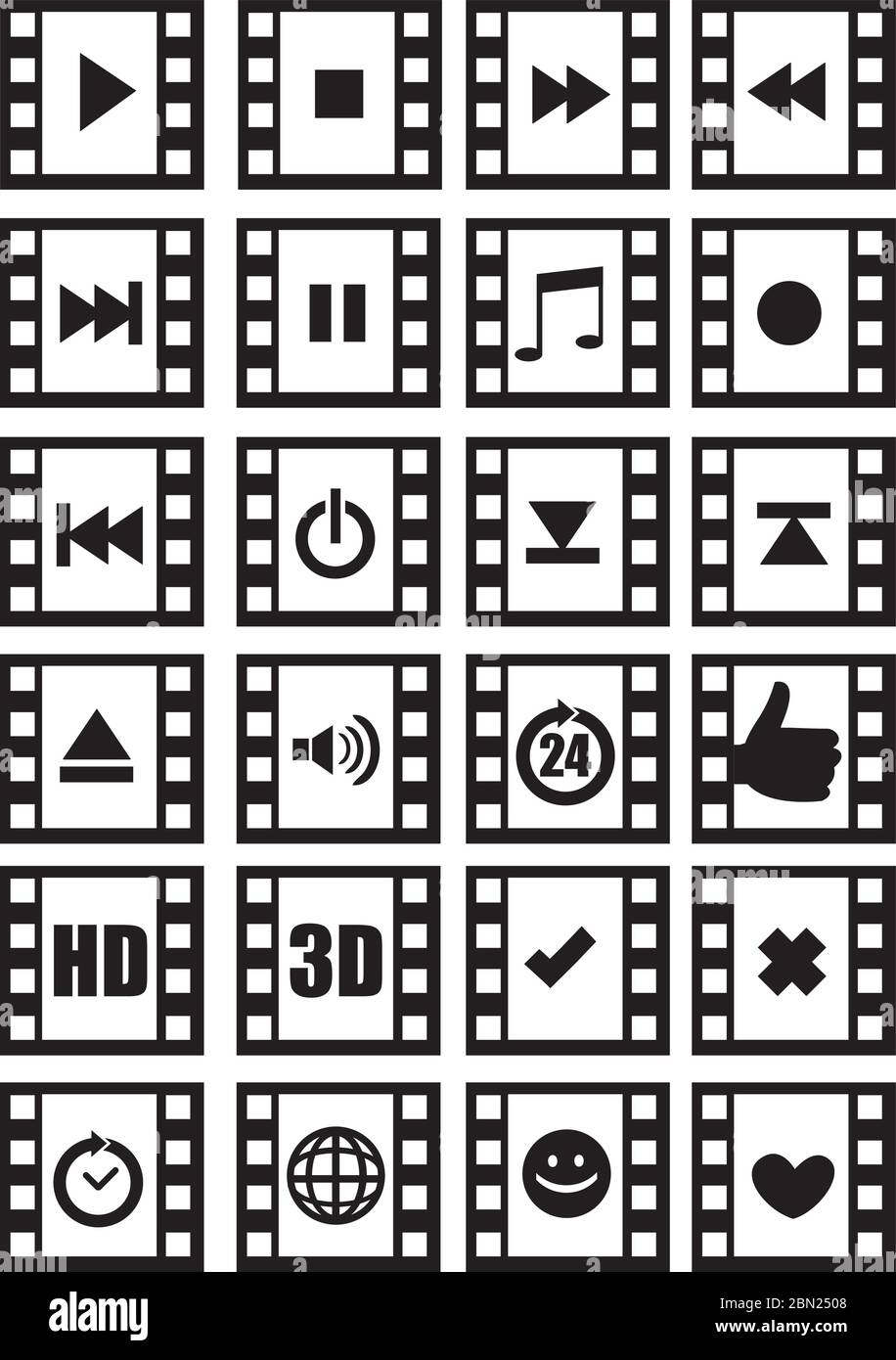 Satz von Vektor-Symbol-Designs von Medien und Audio-bezogene Symbole mit fotografischen Negativfilm Rahmen isoliert auf weißem Hintergrund. Stock Vektor