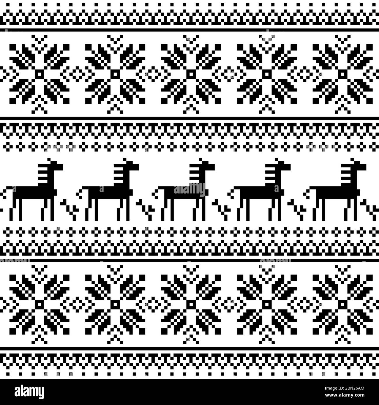 Ukrainisch slawische Volkskunst Stickerei Vektor nahtlose Muster mit Pferden - monochrome Hintergrund ethnischen Retro-Muster aus der Ukraine in schwarz auf weiß Stock Vektor
