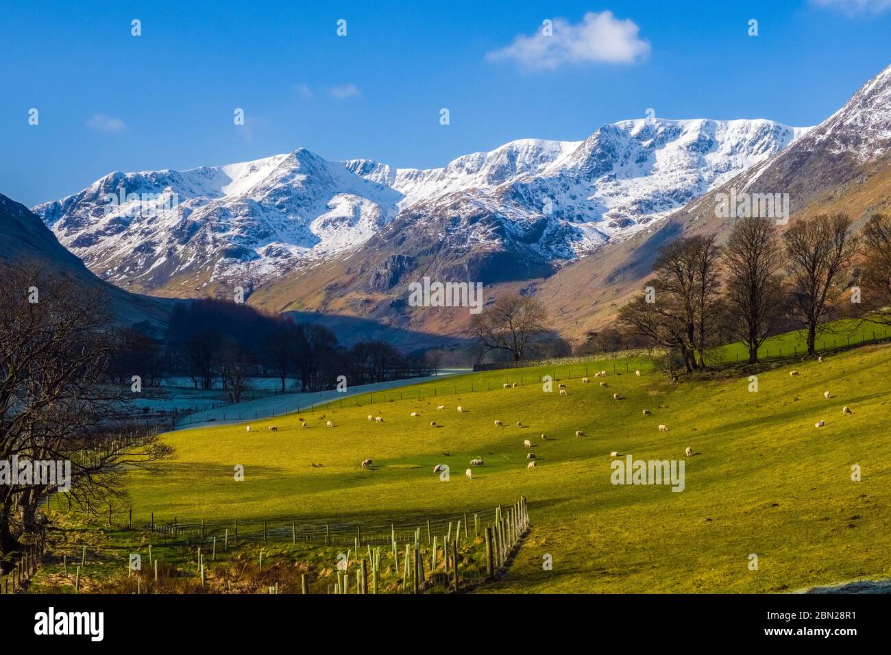 Die schneebedeckten Berge der Helvellyn Range oberhalb von Grisedale, Lake District National Park Stockfoto