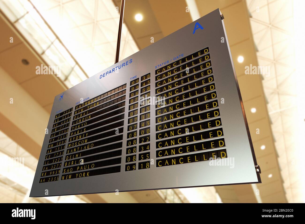3D-Rendering des Abflughafens mit allen stornierten Flügen Stockfoto