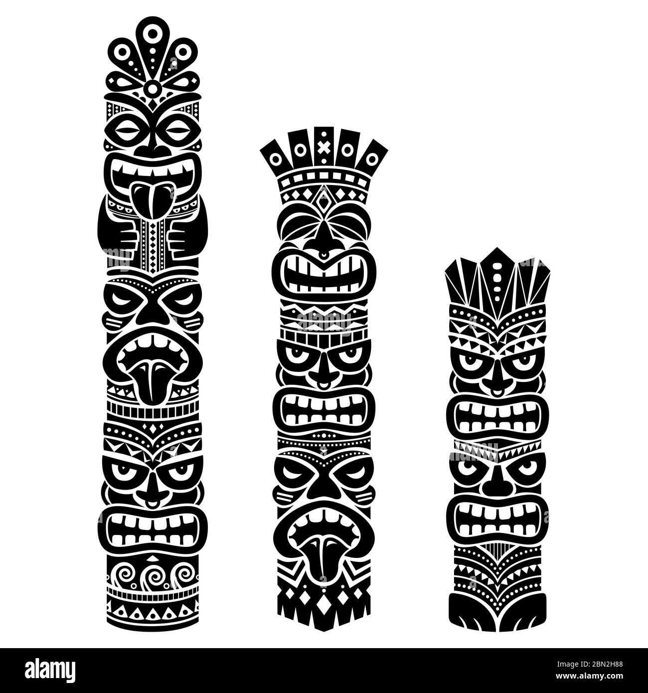 Hawaiianische und Polynesien Tiki Pole Totem Vektor Design - Tribal Volkskunst Hintergrund, zwei oder drei Köpfe Statue Stock Vektor