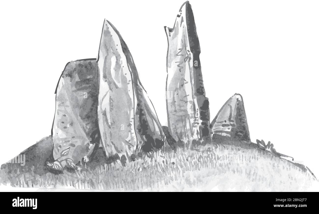 Menhir, Neolithikum, Aquarelldarstellung. Megalithische Strukturen, Vektor. Vertikale Steine unbekannter Herkunft, Vektorgrafik Steinzeit Stock Vektor
