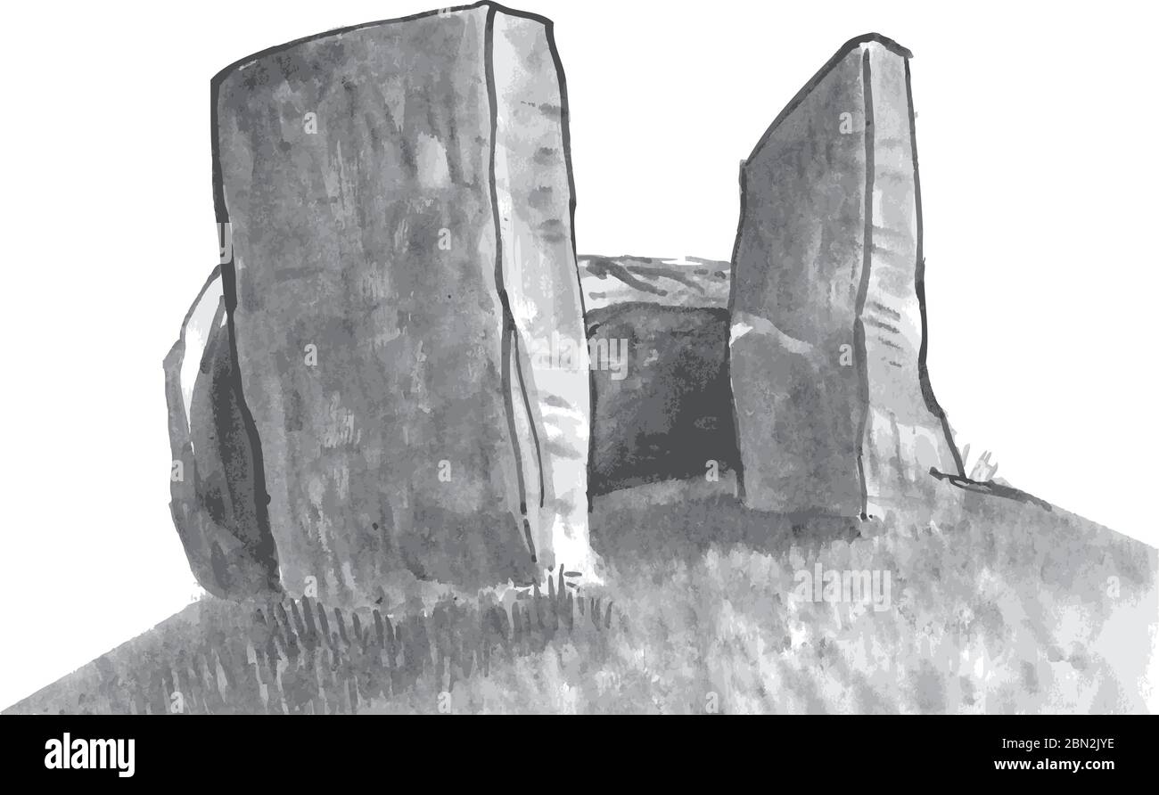 Menhir, Neolithikum, Aquarelldarstellung. Megalithische Strukturen, Vektor. Vertikale Steine unbekannter Herkunft, Vektorgrafik Steinzeit Stock Vektor