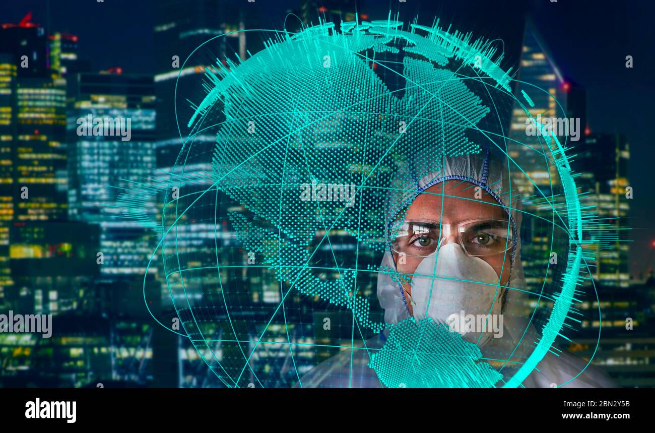 Portrait Wissenschaftler in Grippemaske hinter dem weltweiten Ausbruch des Coronavirus Stockfoto