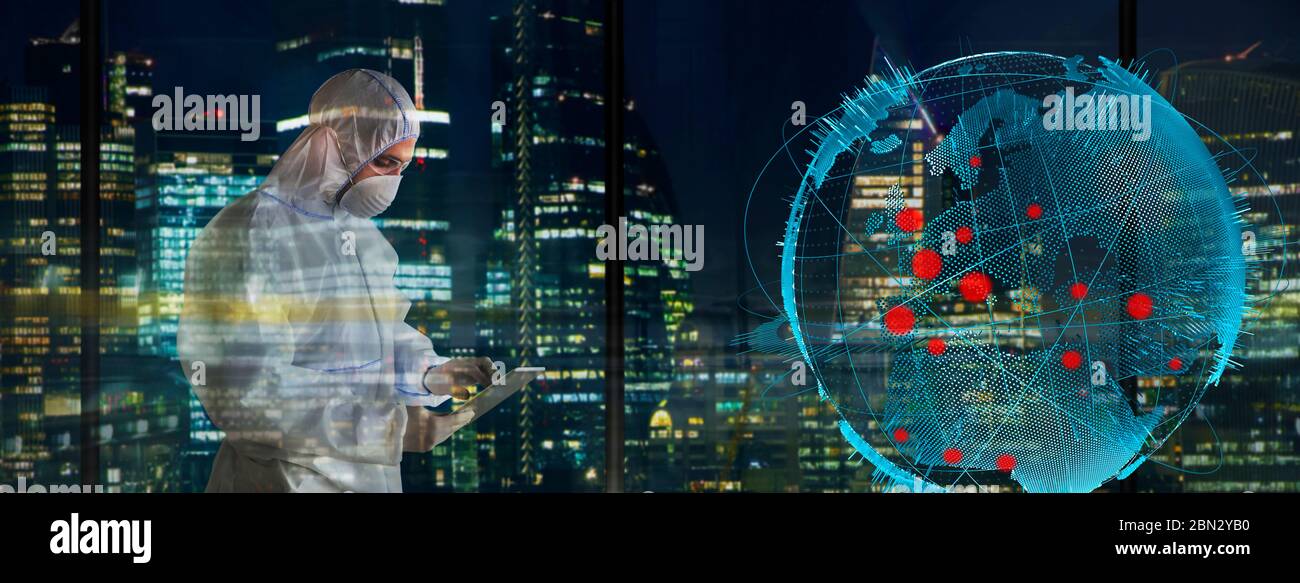 Wissenschaftler, die spät am globalen Ausbruch des Coronavirus in der Stadt arbeiten Stockfoto