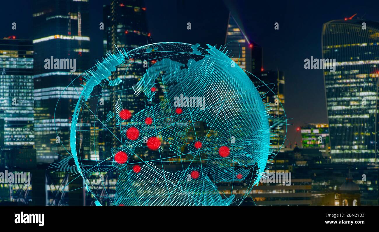 Ausbruch des weltweiten Coronavirus gegen die Skyline der Stadt bei Nacht Stockfoto