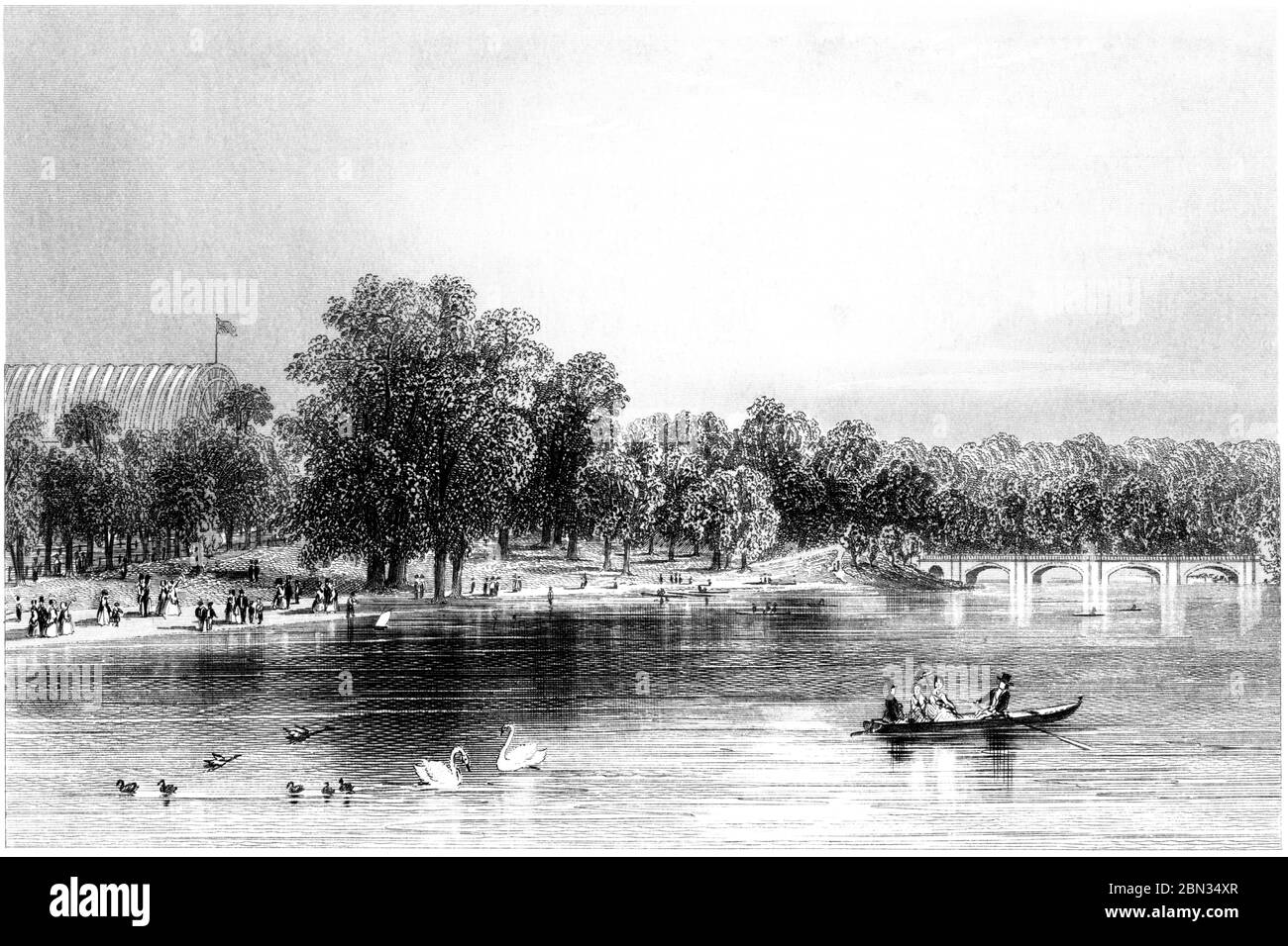 Eine Gravur der Serpentine, Hyde Park, gescannt mit hoher Auflösung aus einem Buch, das 1851 gedruckt wurde. Dieses Bild ist vermutlich frei von jeglichem Urheberrecht. Stockfoto