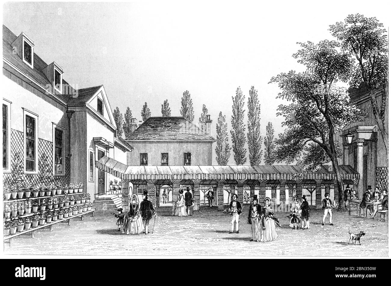 Ein Stich der Gardens Highbury Barn Tavern, der in hoher Auflösung aus einem 1851 gedruckten Buch gescannt wurde. Ich glaubte, dass das Urheberrecht frei ist. Stockfoto