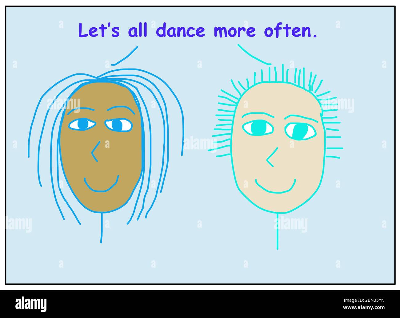 Farbzeichentrick zeigt zwei lächelnde und ethnisch vielfältige Frauen, die sagen, lassen Sie uns alle mehr tanzen. Stockfoto