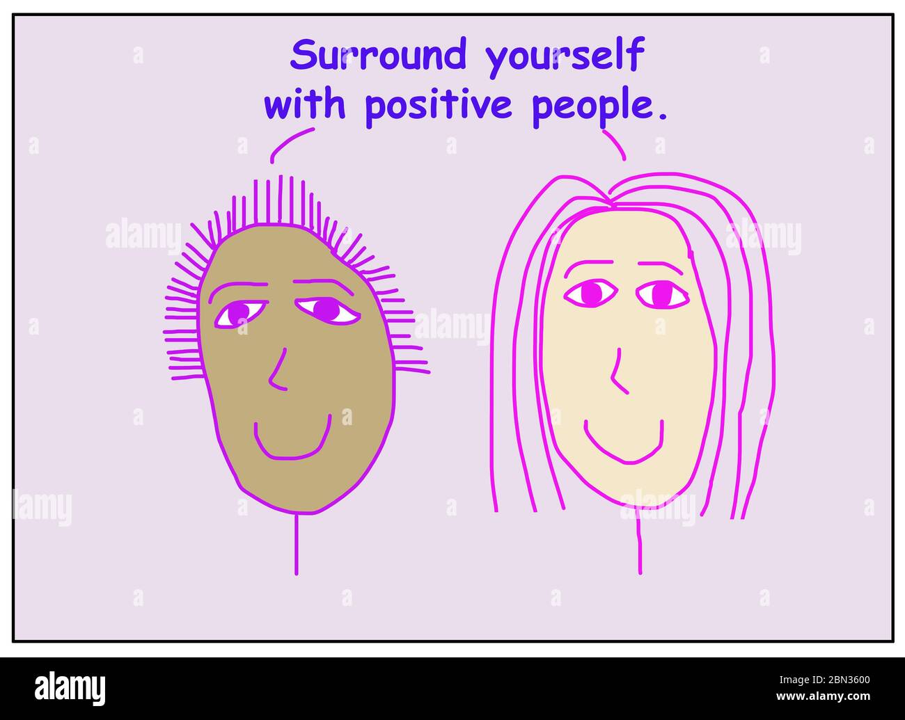 Farbe Cartoon zeigt zwei lächelnde und ethnisch verschiedene Frauen sagen, um sich mit positiven Menschen umgeben. Stockfoto