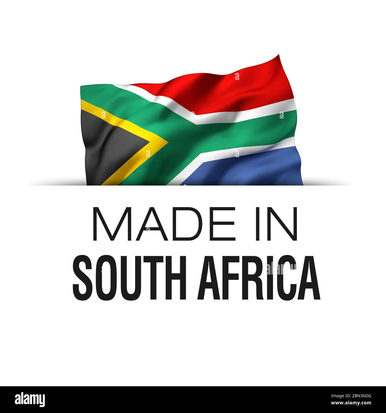 Made in South Africa - Garantie-Label mit einer winkenden südafrikanischen Flagge. 3D-Darstellung. Stockfoto
